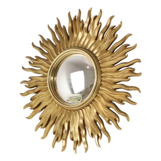Vintage Gold-Leaf Gilt Sunburst Convex Mirror, 1960s For Sale