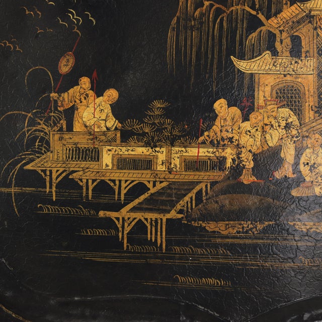 Vintage Hand Painted Chinoiserie Tole Tray Black Lacquer With Gold Gilt Scenic Pagoda Motif For Sale In New York - Image 6 of 16