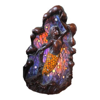 Vintage Art Nouveau Style Stained Glass Mermaid Table Lamp - Coastal Bronze Finish Sculpture For Sale