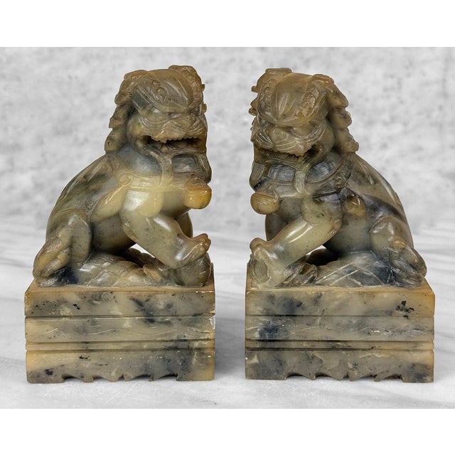 Early 20th Century Antique Traditional Chinese Soapstone Foo Dog Bookend Sculptures - A Pair For Sale - Image 5 of 10