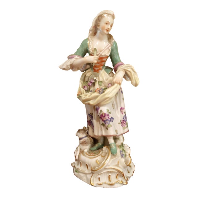 Antique Meissen Porcelain Figurine, Standing Woman With Basket & Dog For Sale