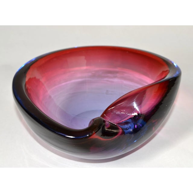 Elegant Italien sculptural hand-blown Murano art glass decorative bowl, Ashtray in dark pink, blue, and clear tone. The...