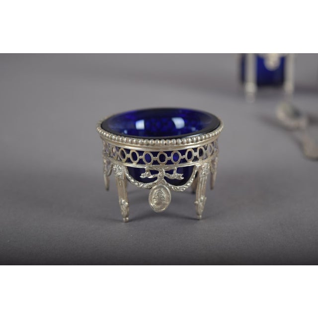 Antique Silver-Mounted Cobalt Blue Glass Condiment Set, 1900, Set of 7 For Sale - Image 15 of 18