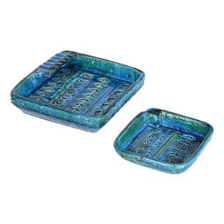 Rimini Blue Ceramic Square Ashtrays attributed to Bitossi, Italy, 1960s, Set of 2 For Sale