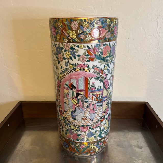 Ceramic Vintage Pink and Gold Multicolor Chinoiserie Porcelain Umbrella Stand For Sale - Image 7 of 12
