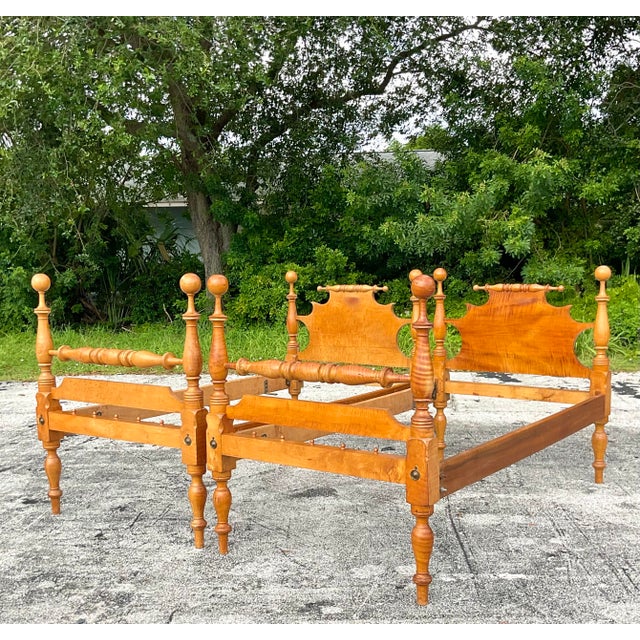 Vintage Boho Tiger Maple Four Poster Twin Beds a Pair Chairish