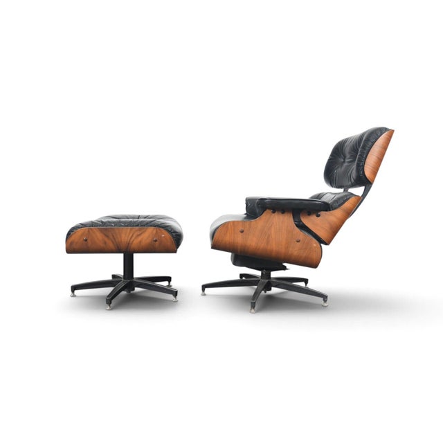 1970s Walnut + Leather Lounge Chair and Ottoman For Sale - Image 4 of 11
