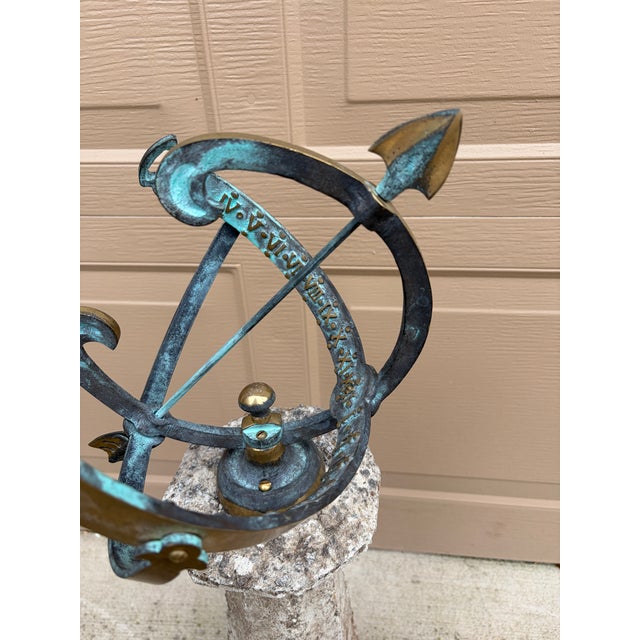 Verdigris Vintage English Country Classical Verdigris Bronze and Brass Garden Armillary Sundial on Concrete Corinthian Column Pedestal For Sale - Image 8 of 12