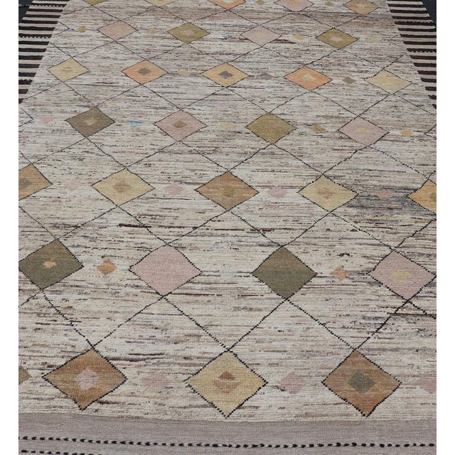 Modern Hand Knotted Moroccan Diamond Pattern in With Tribal Motifs Cream, soft gold, and brown rug with modern casual...