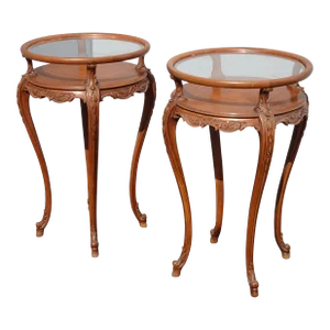 Vintage French Rococo Louis XVI Style Brown Carved Side Tables - a Pair