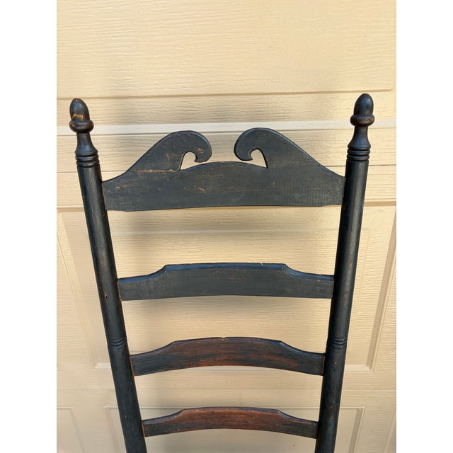 Pair of Antique Black Painted Shaker Ladder Back Chairs With Rush Seats For Sale In South Bend - Image 6 of 18