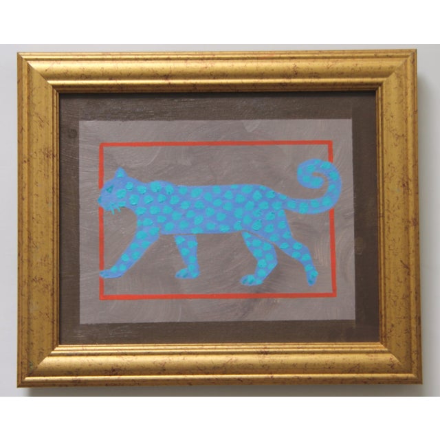 Contemporary Leopard Minimalism Folk Art Abstract Aqua Sepia Beige Original Oil Painting Cleo Plowden For Sale - Image 3 of 5