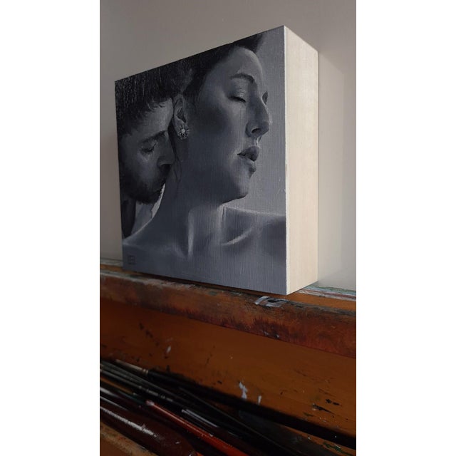 Figurative The Kiss #3 by Linda Delahaye | Oil on Panel Portrait of a couple embracing. For Sale - Image 3 of 3