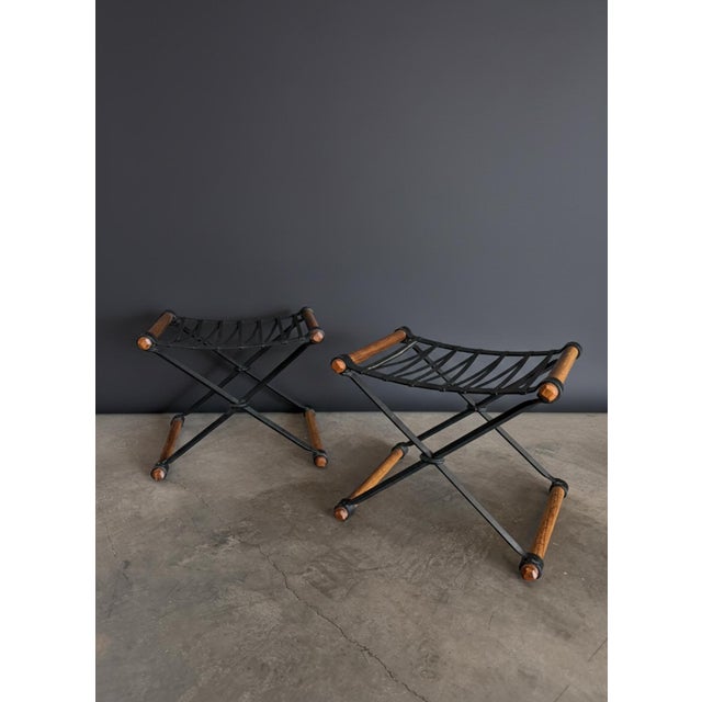 Pair of Iron and Oak Campaign Stools Attributed to Cleo Baldon for Terra, Ca. 1965. Rare set of all original iron and oak...