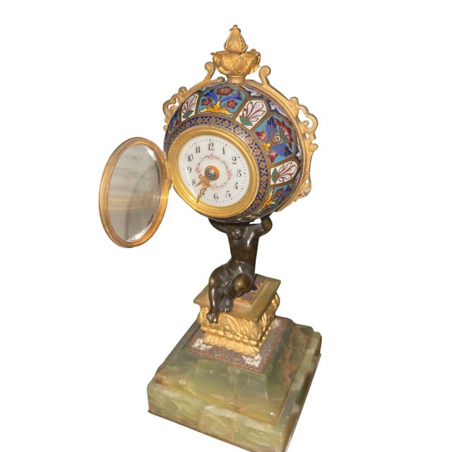 19th Century 19th Century French Champlevé Enamel Figural Mantel Clock For Sale - Image 5 of 9