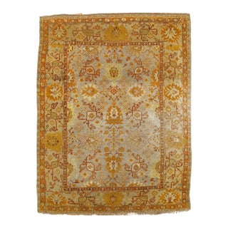Antique Oushak Carpet, Handmade Oriental Rug, Soft Saffron Light Gray Light Blue For Sale