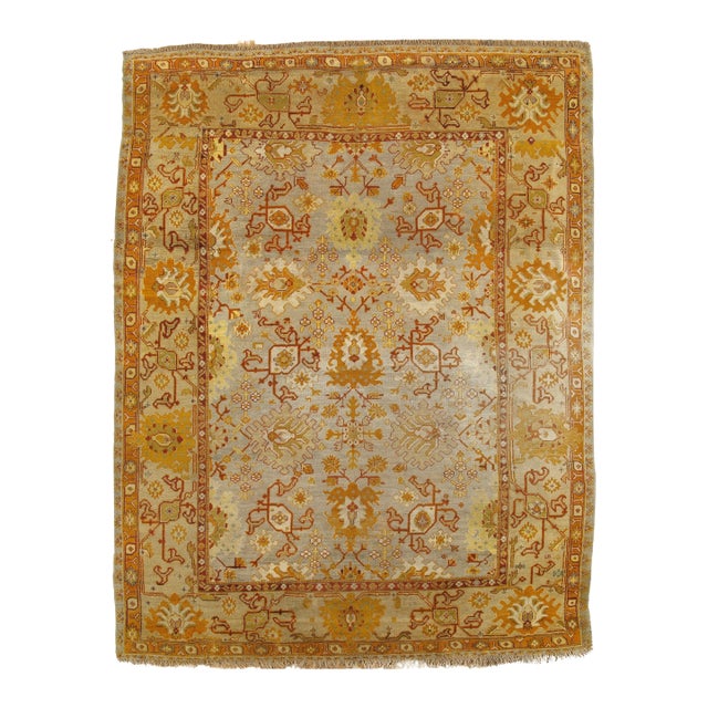 Antique Oushak Carpet, Handmade Oriental Rug, Soft Saffron Light Gray Light Blue For Sale