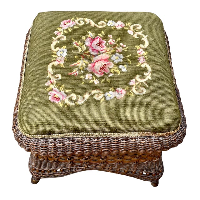 Antique Heywood Wakefield Wicker Foot Stool Ottoman For Sale - Image 9 of 16