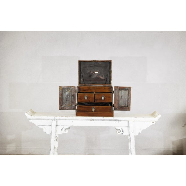 Wood Antique Chinese Brown Lacquer Jewelry Dressing Case with Brass Hardware For Sale - Image 7 of 12