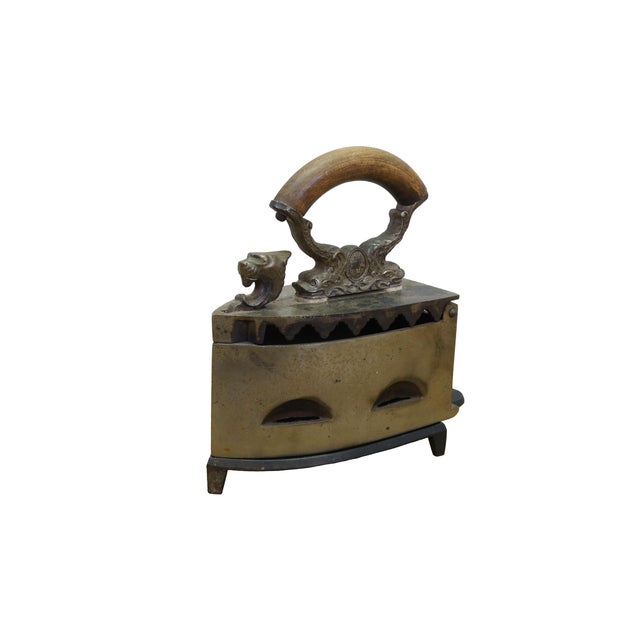 Victorian Antique Lion Head Delphin Dolphin Coal Brazier Clothing Iron & Trivet 9" For Sale - Image 3 of 18