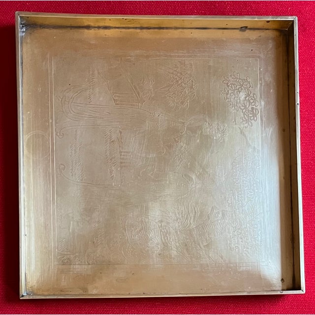 Japanese Antique Early 20th Century Japanese Meiji Period Square Brass Tray With Etched Court Scene For Sale - Image 3 of 17