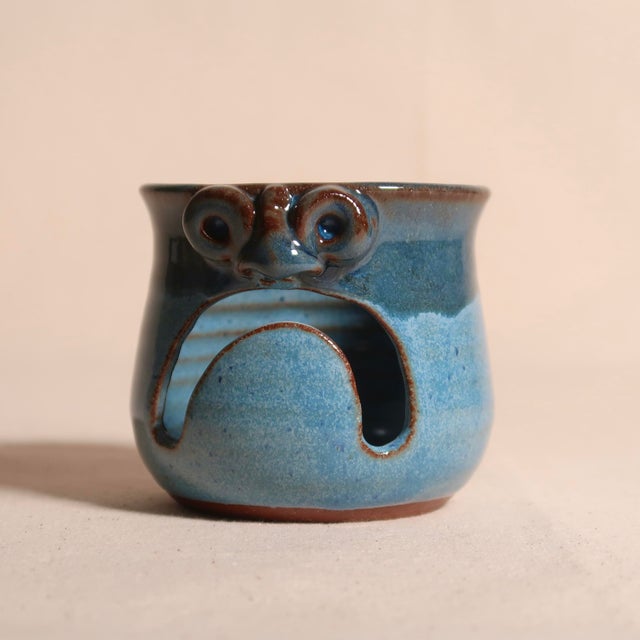 Handmade in Pennsylvania MudWorks Pottery Blue Stoneware Candle Holder With Sad Face For Sale - Image 4 of 11