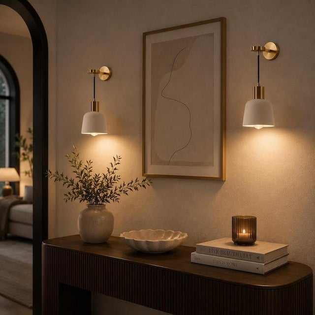 Metal Handmade Brass Wall Sconce With White Shade | Mid-Century Modern Hallway Lighting For Sale - Image 7 of 13