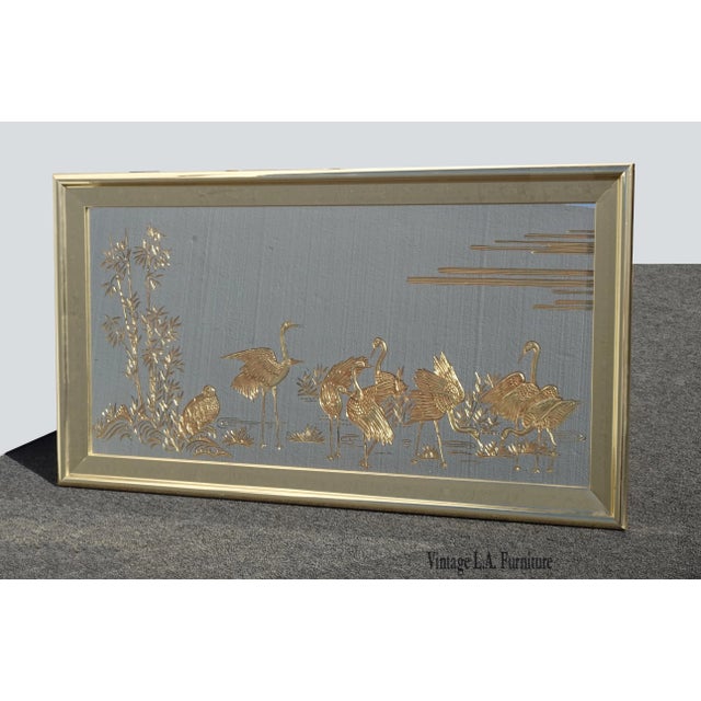 Vintage Oriental Asian Hollywood Regency Wall Mirror W Etched Gold Crane Birds For Sale - Image 4 of 13