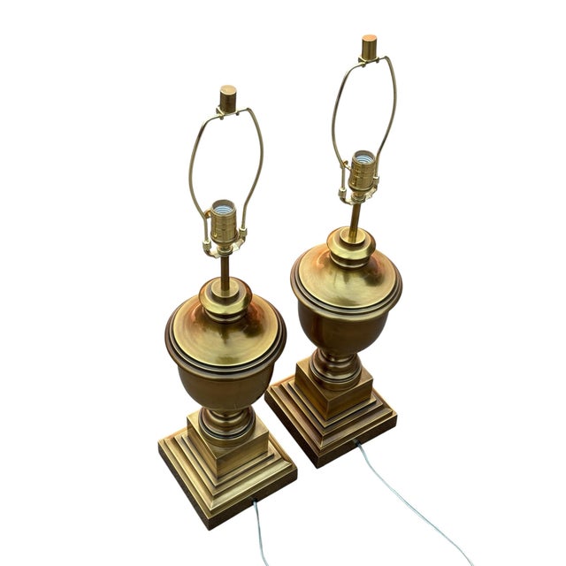 Late 20th Century Vintage French Empire Style Gold Brass Metal Urn Form Table Lamps - A Pair For Sale - Image 5 of 8