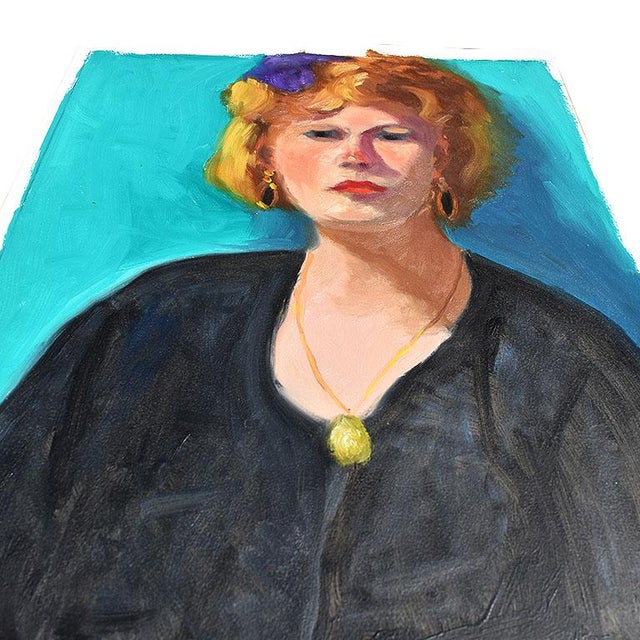 Realism Authentic Clair Seglem Tall Portrait Painting of a Woman on Blue - 13” X 17.5” For Sale - Image 3 of 10