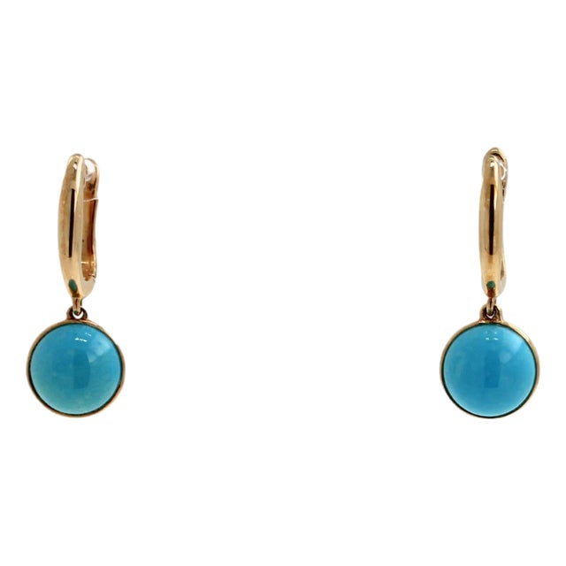 Blue Turquoise Round Cabochon Yellow Gold Huggie Drop Statement Dainty Earrings, A Pair For Sale