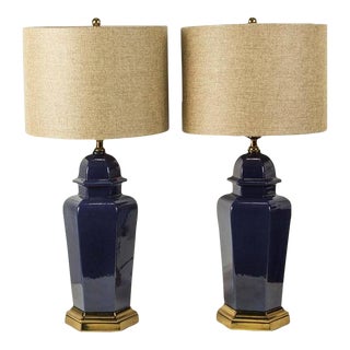 Modern Cobalt Blue Chinese Ginger Jars Table Lamps - a Pair For Sale