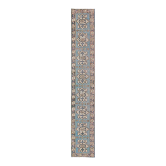 Long Vintage Turkish Runner With Geometric Design in Light Blue and Taupe 2'9 X 17'4 For Sale