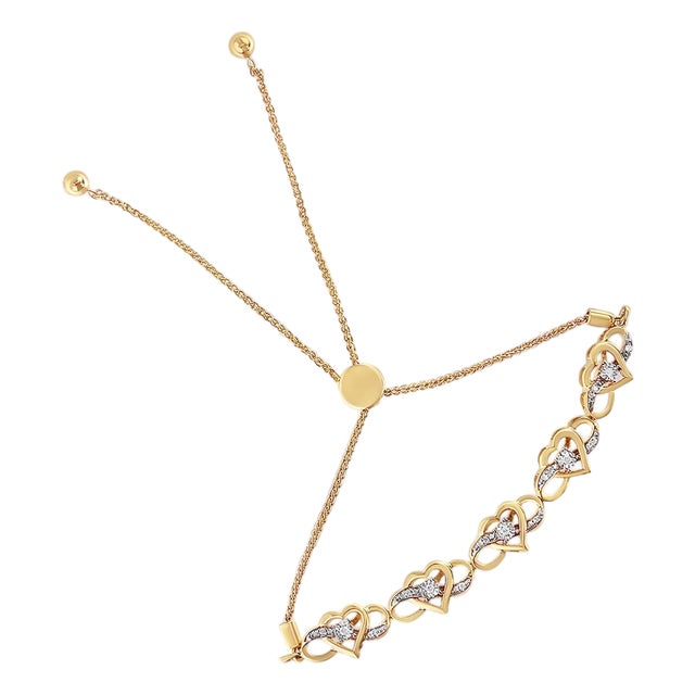 14K Yellow Gold Plated .925 Sterling Silver 1/10 Cttw Diamond Infinity Heart Shaped 4”-10” Adjustable Bolo Bracelet (H-I Color, I2-I3 Clarity) For Sale