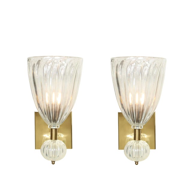 Contemporary Modernist Brass & Handblown Iridescent Murano Glass Sconces With Orbital Drop - a Pair For Sale - Image 13 of 13