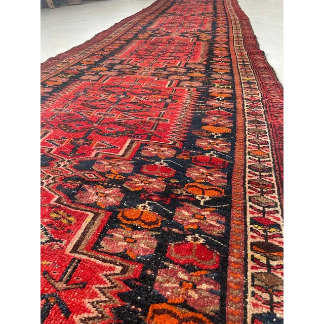 Mid 20th Century Yellow Goats & Horses with Wine, Ruby & Charcoal-Blue Shrubs and Flora Rug 4 x 17 For Sale - Image 14 of 14