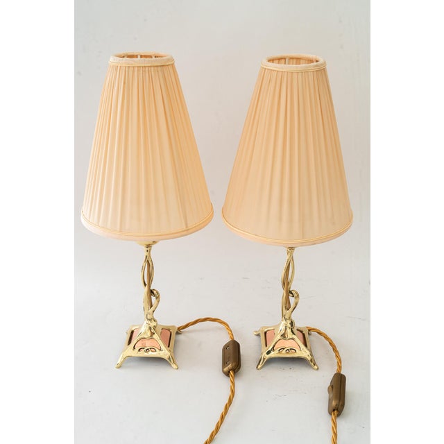 Jugendstil Brass Table Lamps with Fabric Shades, Vienna, Austria, 1908, Set of 2 For Sale - Image 11 of 18
