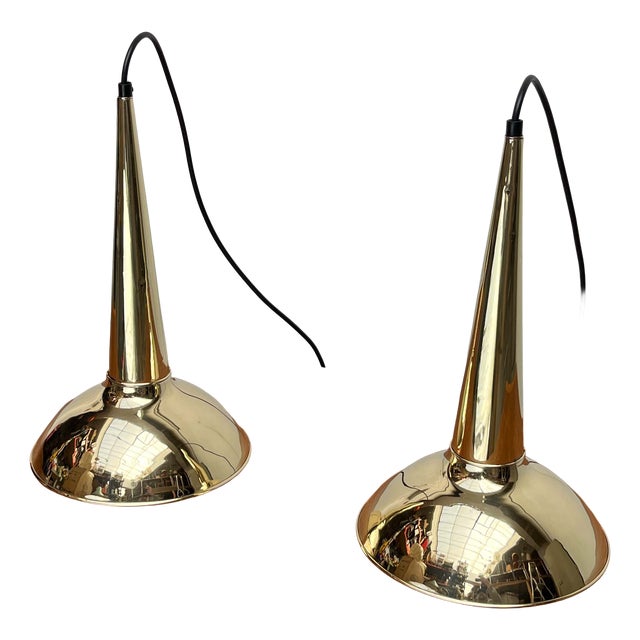 Mid-Century Modern Danish Brass Kone Pendant Lamps, 1950s, Set of 2 For Sale