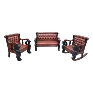 Antique r.j. Horner Style Carved Winged Griffin Tufted Parlor Set Newly Restored & Reupholstered in Leather - 3 Piece Set For Sale