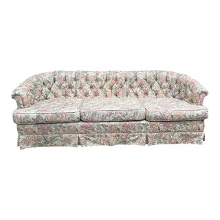 1980s Pink Floral Curved Tufted Sofa For Sale