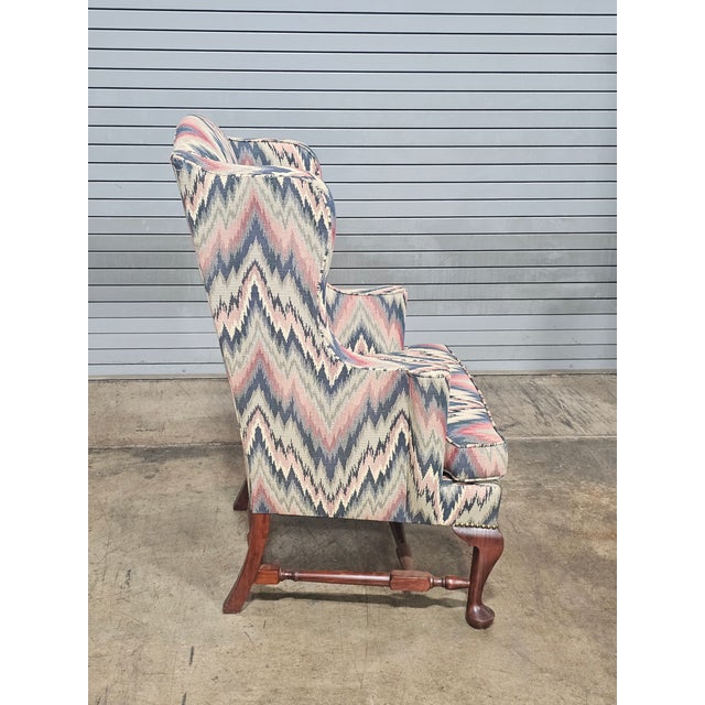 Queen Anne Mahogany Williamsburg Queen Anne Style Wing Back Chair New Flame Stitch Fabric For Sale - Image 3 of 9