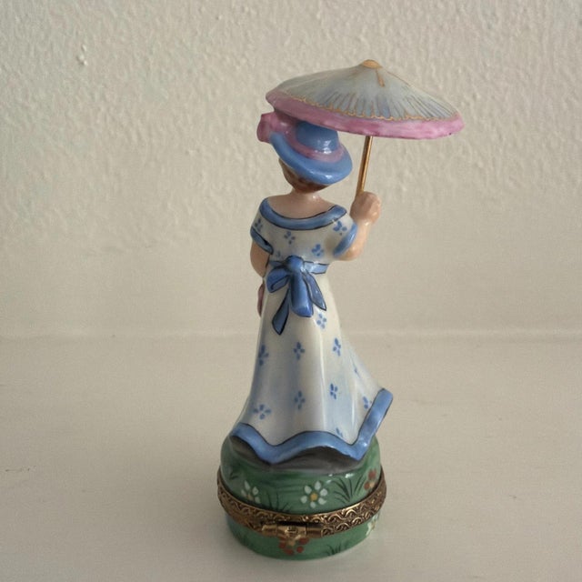 French Beautiful Hand Painted Limoges Trinket Box Woman With Blue Dress & Parasol (Retired Limited Edition #17 of 500) For Sale - Image 3 of 5