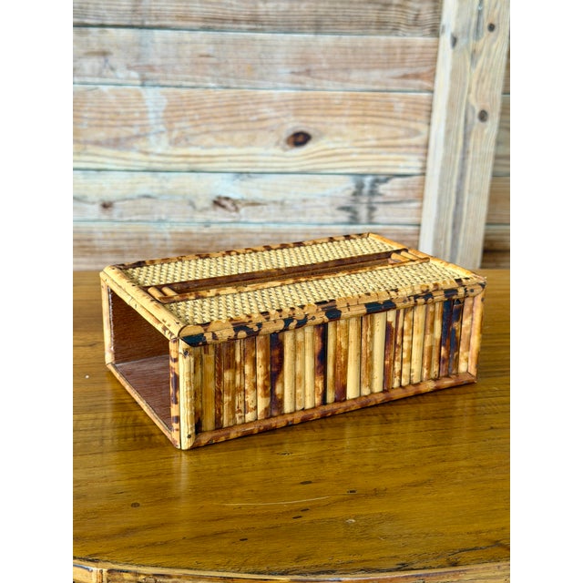 Vintage Tortoiseshell Bamboo & Woven Rattan Tissue Box Cover For Sale - Image 10 of 11