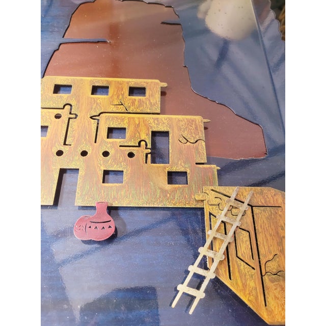 1970s 1970's ​Vintage Southwestern Flame-Cut Copper & Brass Pueblo Relief Navy Blue Wall Art Sculpture For Sale - Image 5 of 6