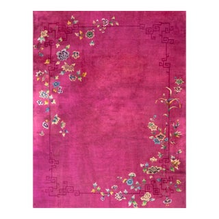 1920s Bright Pink Floral Modern Antique Chinese Deco Rug 8' 10" X 11' 6" Knotted For Sale
