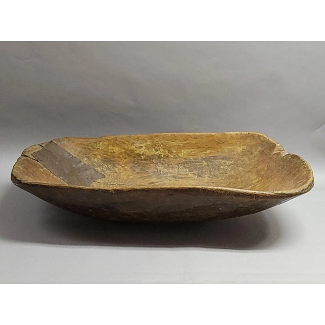 Large 19th Century American Hand-Hewn Oak Dough Bowl With Copper Repairs - 35" For Sale - Image 4 of 12