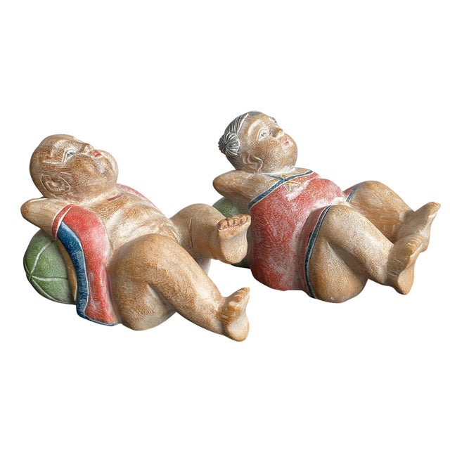 Chinese Antique Chinese Wood Carved Karako Boy Girl Reclining Melon Child Buddha Sculpture For Sale - Image 3 of 8