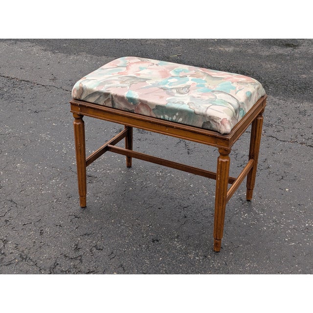 Vintage Georgian Style Mahogany Vanity Bench, Floral Upholstered Dressing Stool, Spindle Leg Accent Chair, Bedroom Seating, Antique Stool For Sale - Image 4 of 7