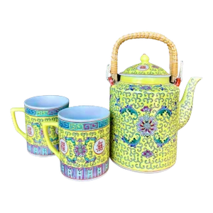Vintage Chinese “Longevity” Yellow Tea Set With Tea Pot and 2 Cups, Mun Shou