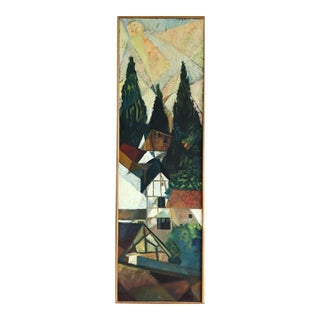 1975 Modernist 'Cubist Hillside' Vintage Swedish Landscape Oil Painting, Framed For Sale